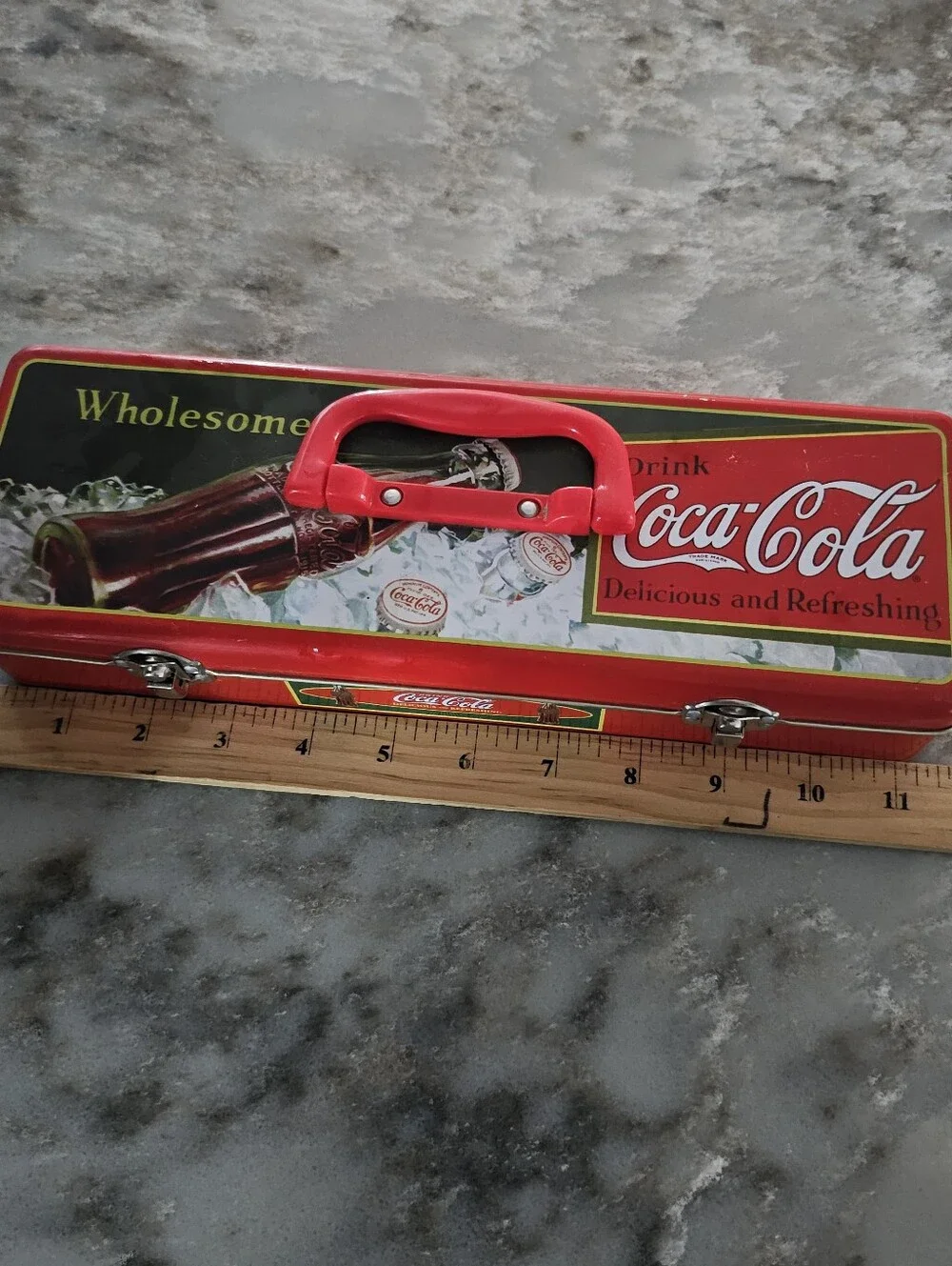 Coca-Cola Metal Utility Storage Box Tin Collectible Retro Red Handle Case 66062